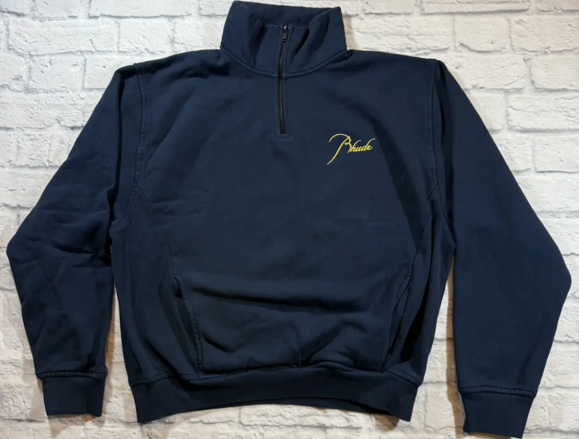 Rhude Classique Navy Quarter Zip Gold Embroidered Sweatshirt