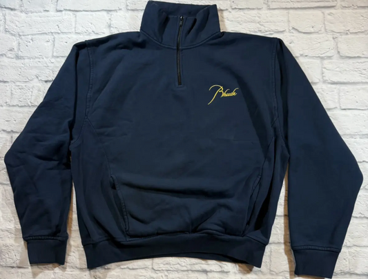 Rhude Classique Navy Quarter Zip Gold Embroidered Sweatshirt