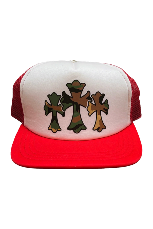 Chrome Hearts Triple Cross Camo Trucker Hat Red